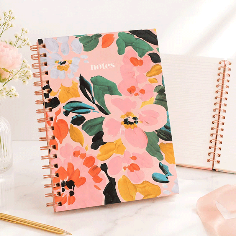 Caderno espiral de capa dura verde escuro dourado encadernado com arame
